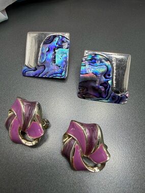Vintage Butler Paula Shell & Purple Enamel Clip-On Earrings